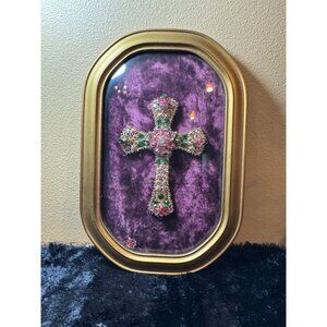 Vintage Ornate Jeweled Jewelry Art Cross In Velvet Display Dome Frame